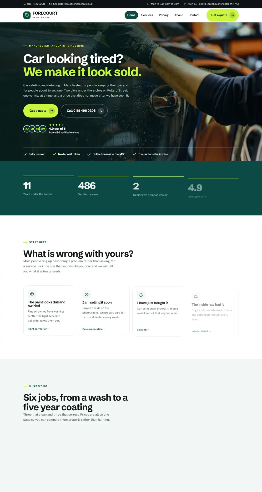 A finished website for a car valeting business, shown in a desktop browser.