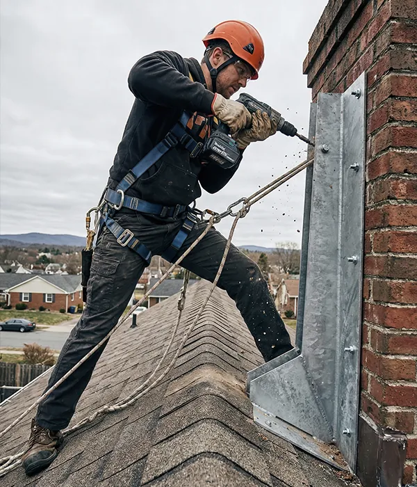 A roofer drilling into a chimney stack.